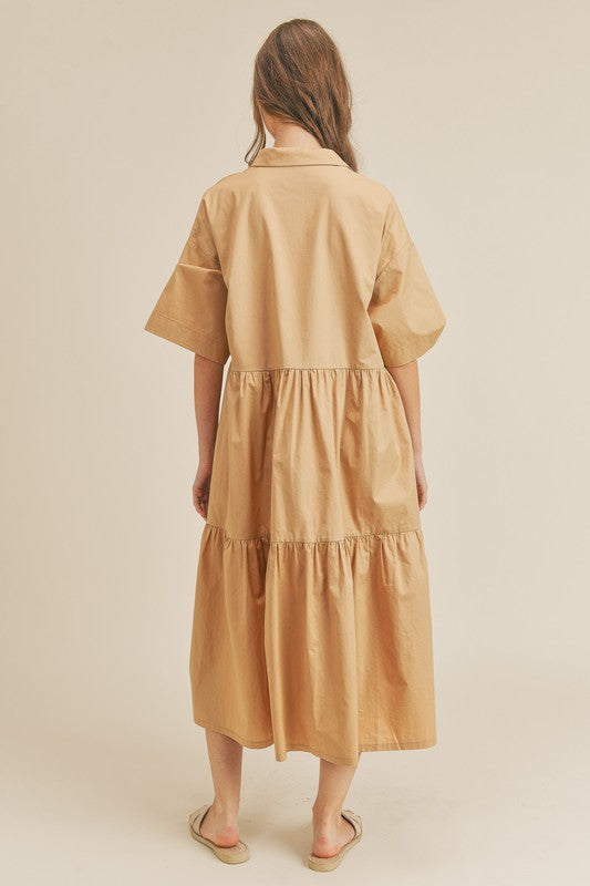 Poplin Drop Shoulder Shirt Dress in Tan