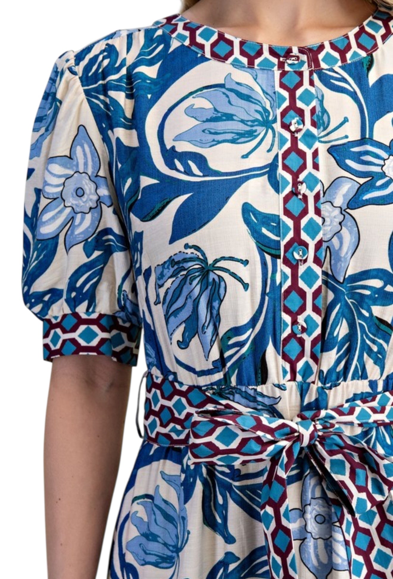 Blue Tulips Belted Shirt Dress