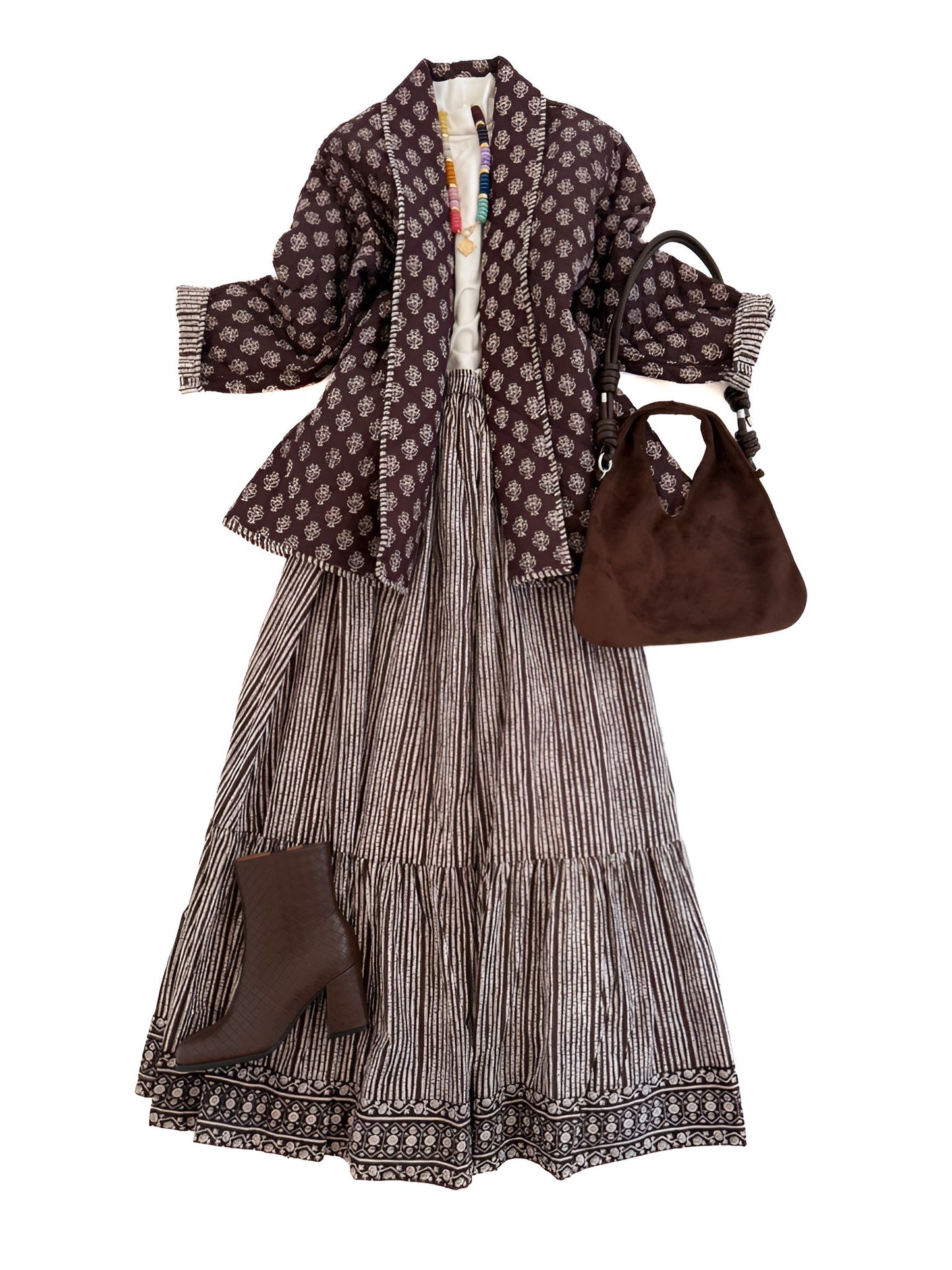 Shawl Front Quilted Jacket in Dark Chocolate Blockprint