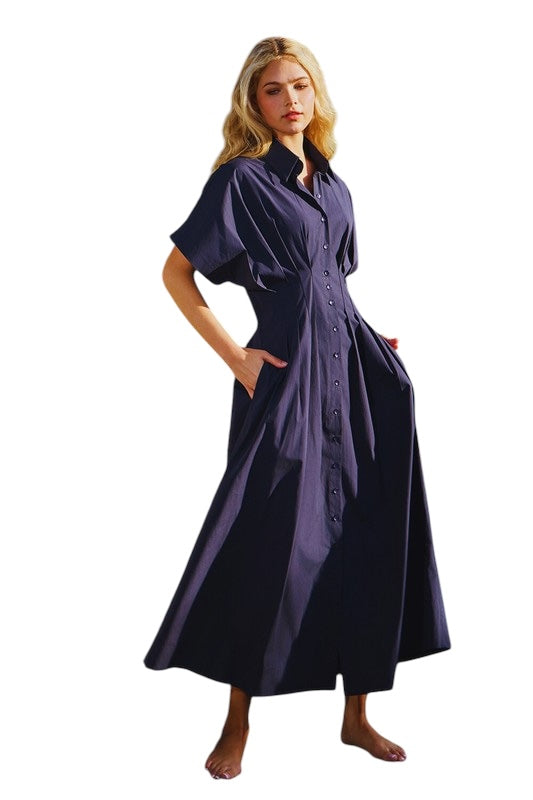 Pintuck Poplin Midi in Navy
