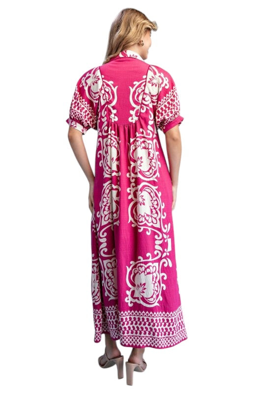 Smocked Collared Medallion Midi- 2 Colors