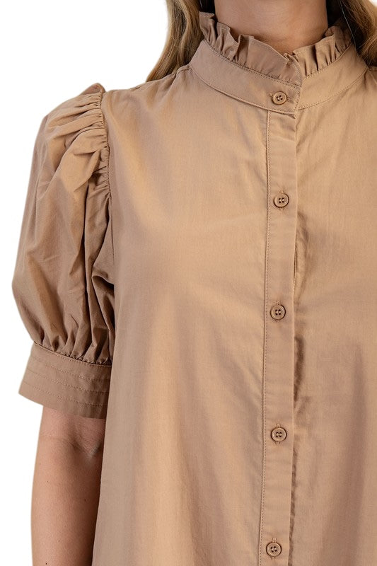 Poplin Ruffle Neck Maxi in Latte