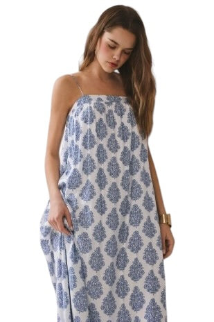 Blue BlockPrint Smocked Midi