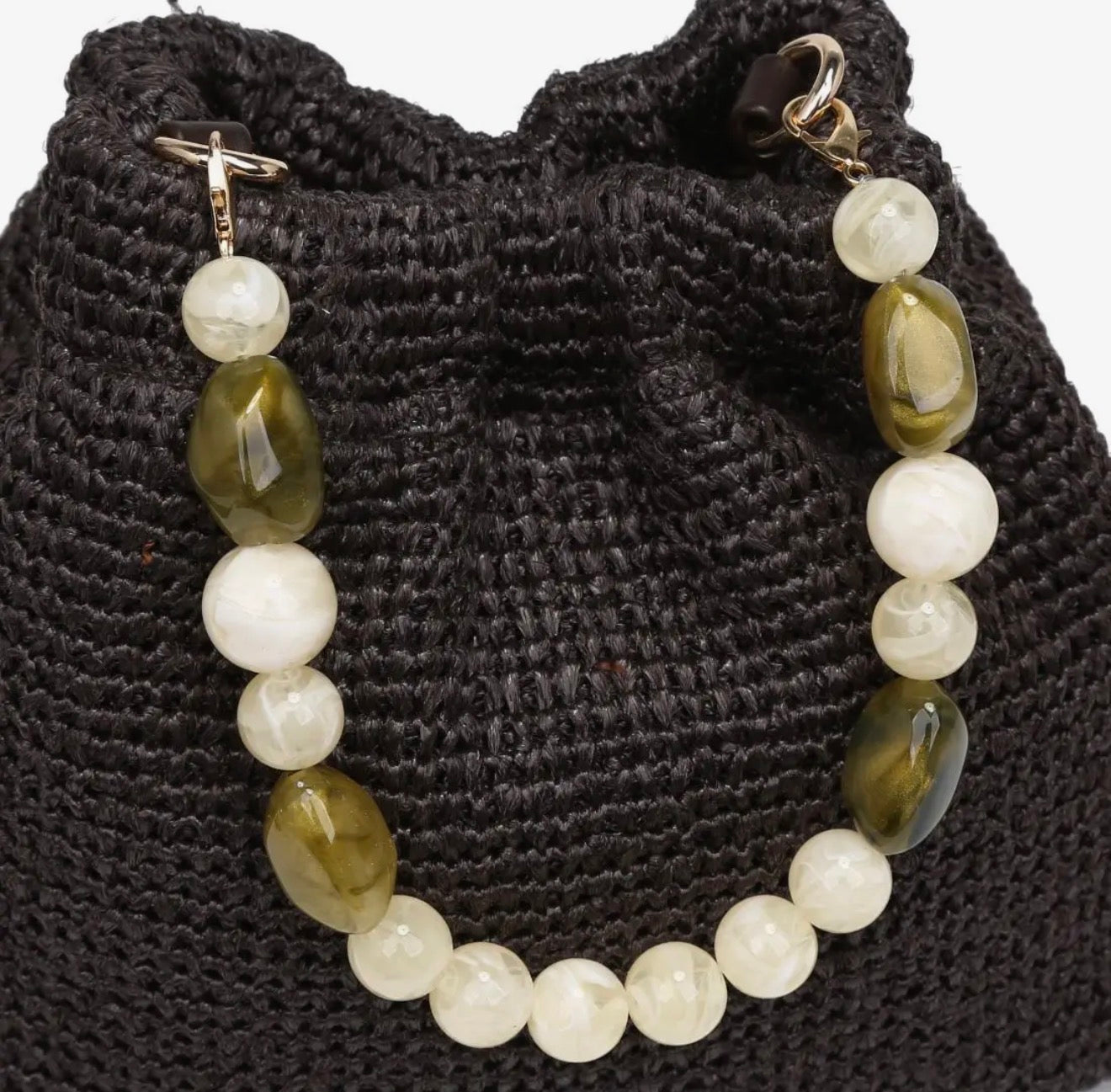 Beaded Strap Raffia Pouch Bag