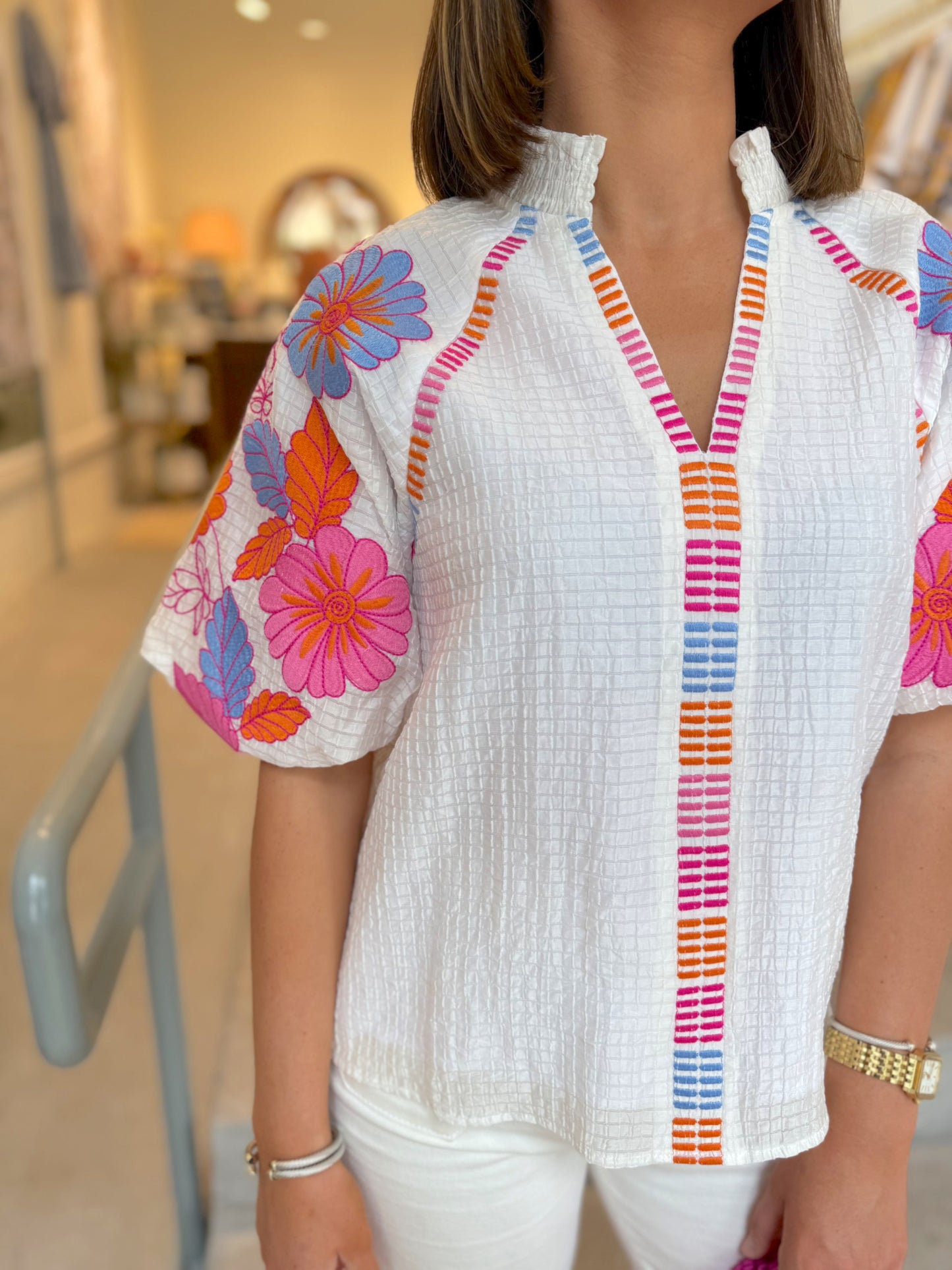Textured Blooms Puff Sleeve Top