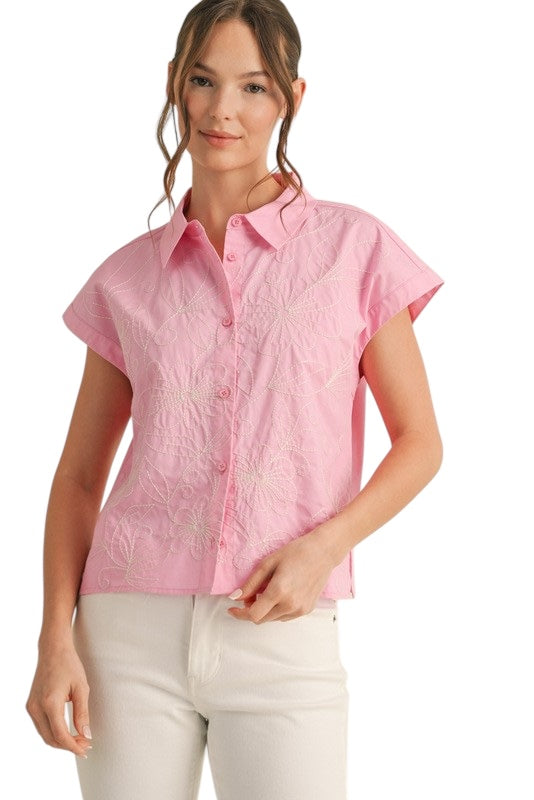 Poplin Stitched Blooms Top in Pink