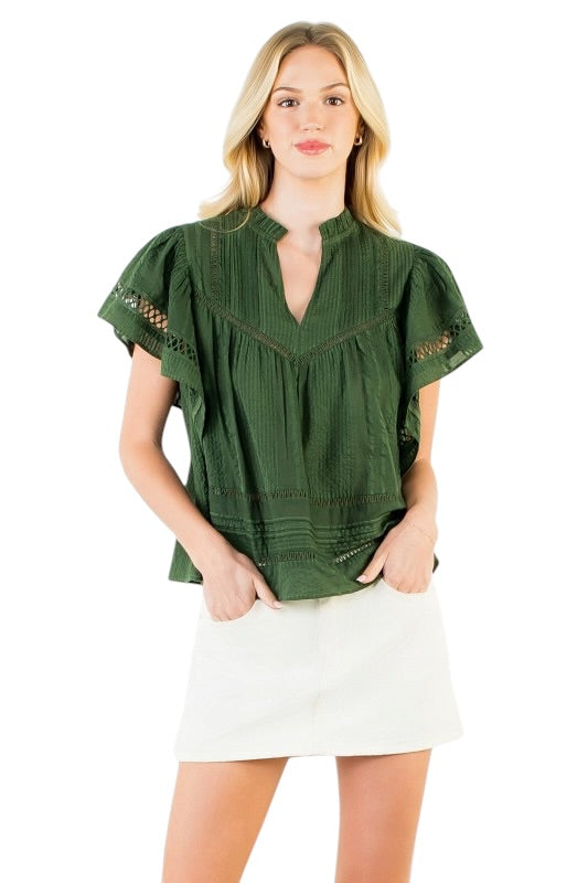 Flutter Sleeve Pintuck Top in Olive