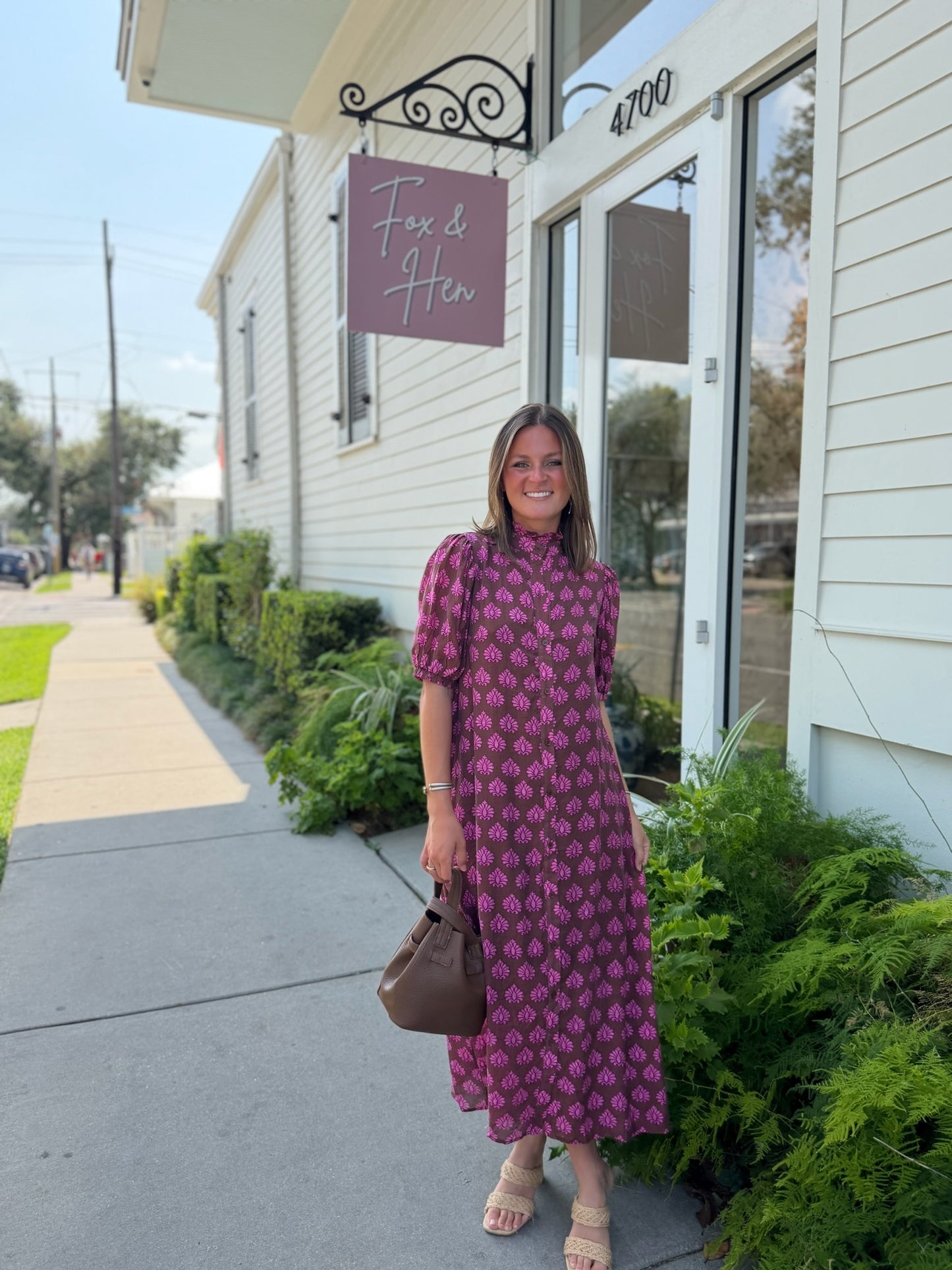 Ruffle Neckline Shirt Dress in Chocolate & Pink