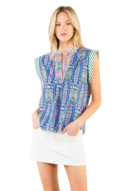 Blue Florals Stripe Cap Sleeve Top