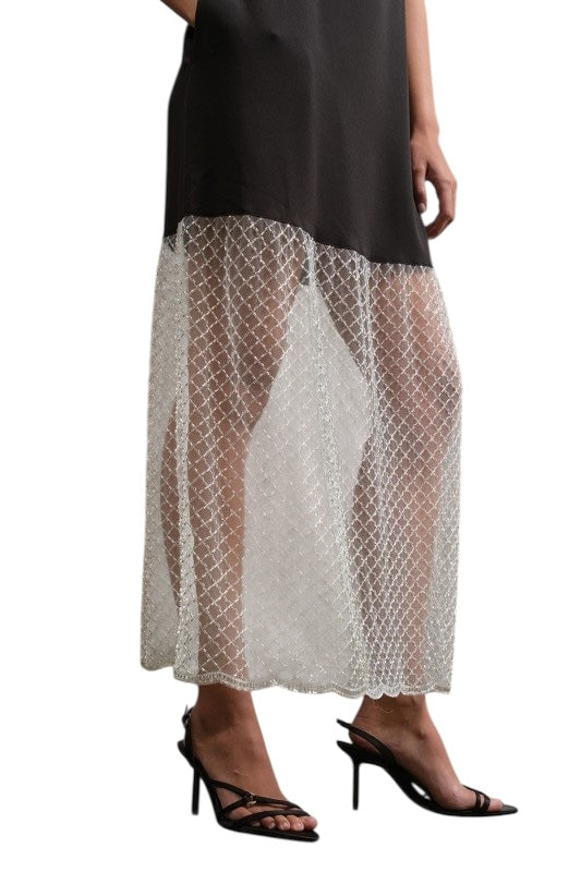 Crystal Mesh Drop Waist Midi
