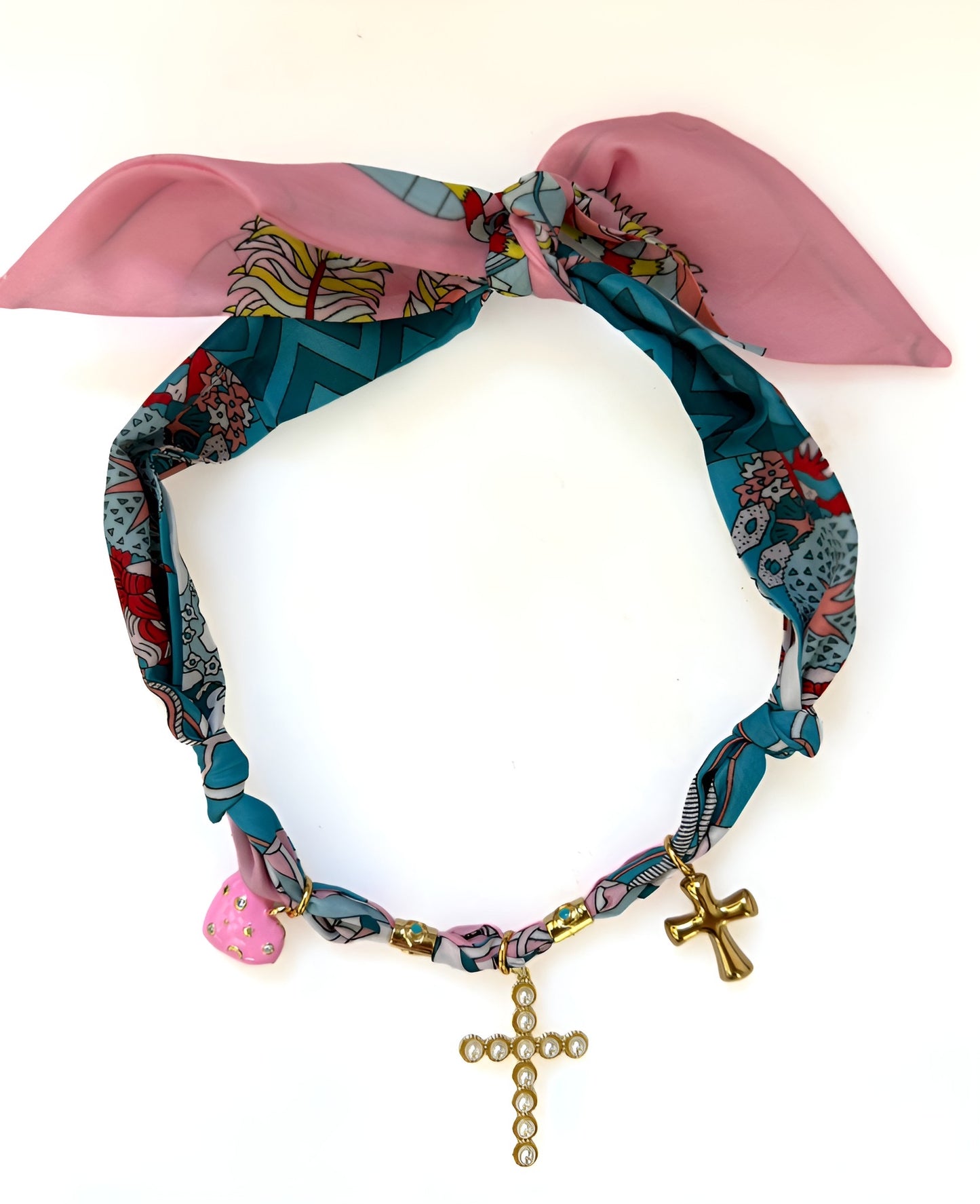 Pink & Turquoise Scarf Necklace w/ Cross Charms, Pink Enamel Heart & Turquoise Spacers