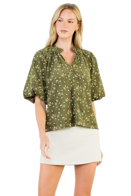 Olive Floral Corduroy Top
