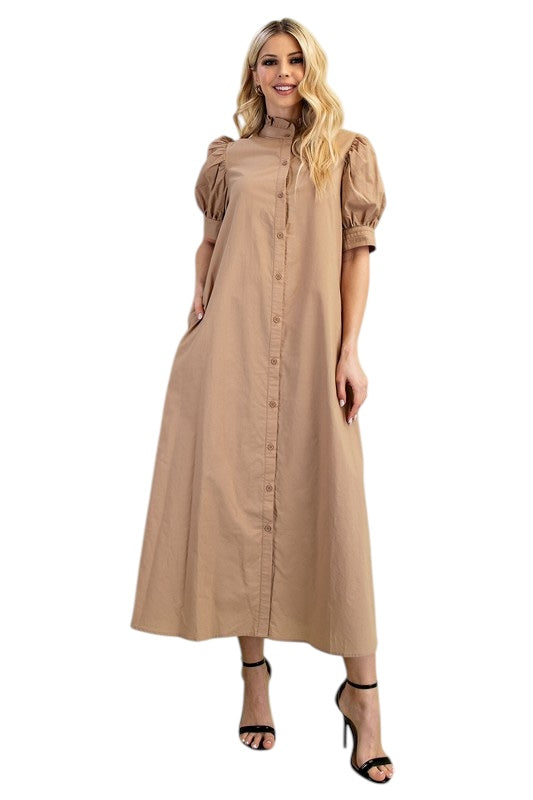 Poplin Ruffle Neck Maxi in Latte