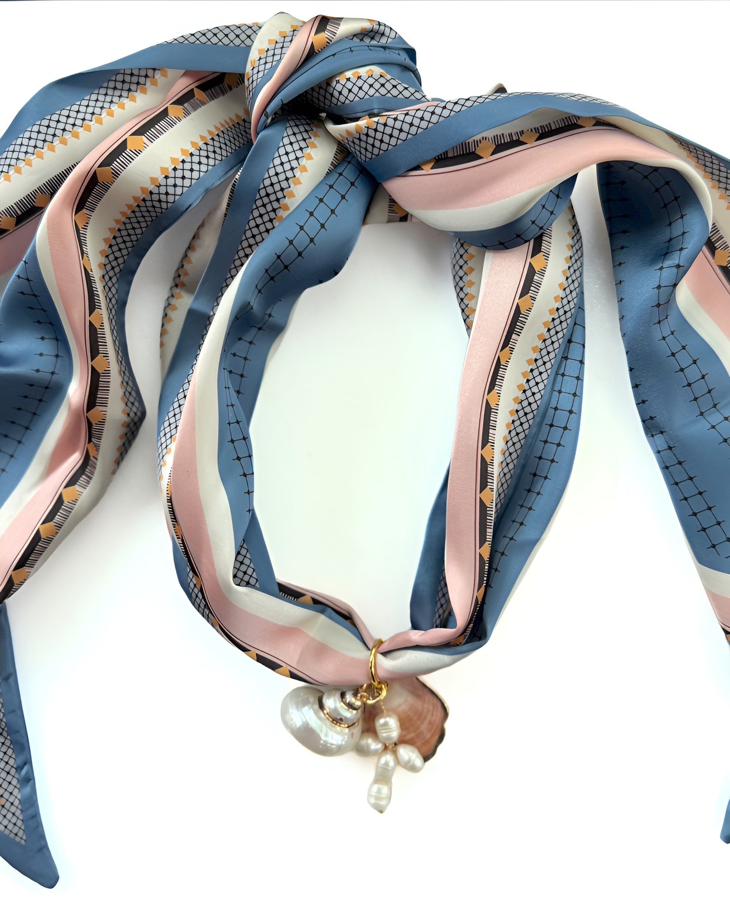 Blush & Blue Scarf Necklace w/ Pearl Cross & Shells
