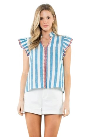 Blue Stripe Flutter Sleeve Top
