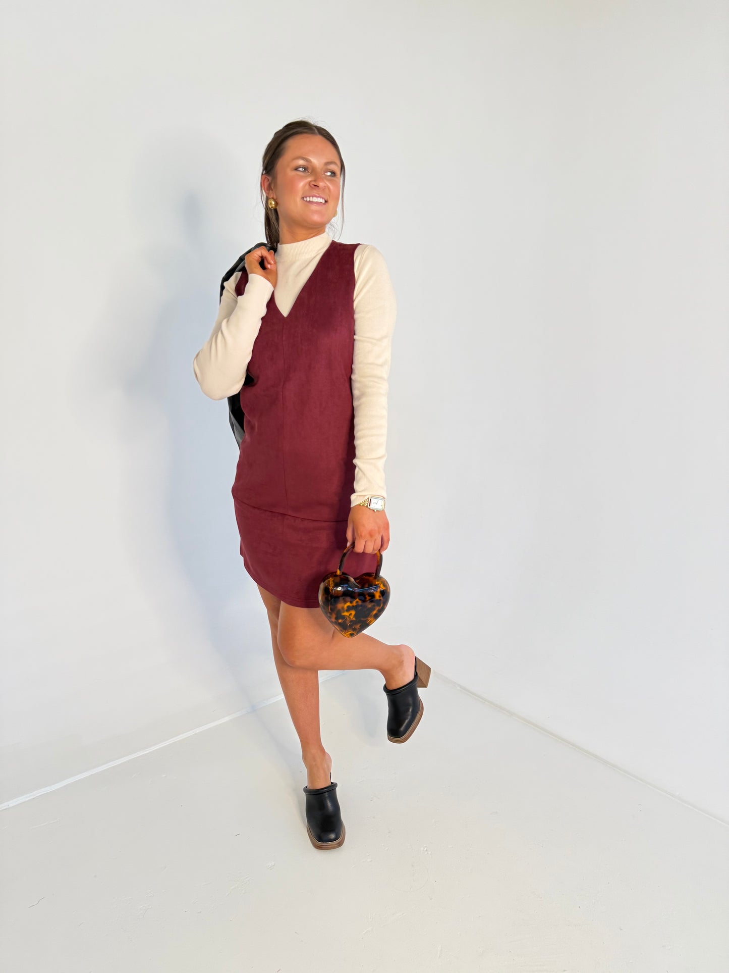 Suede Sleeveless Shift in Bordeaux