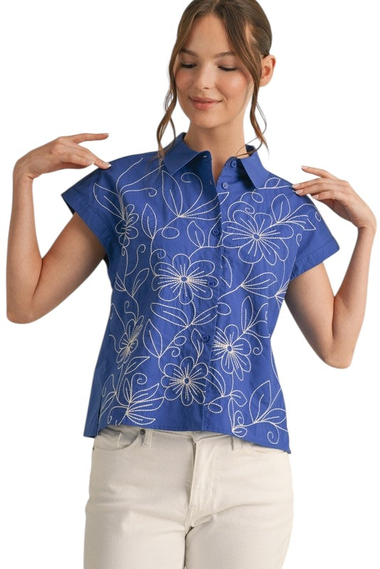 Poplin Stitched Blooms Top in Royal