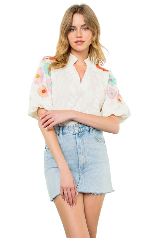 Seersucker Blooms Top in White