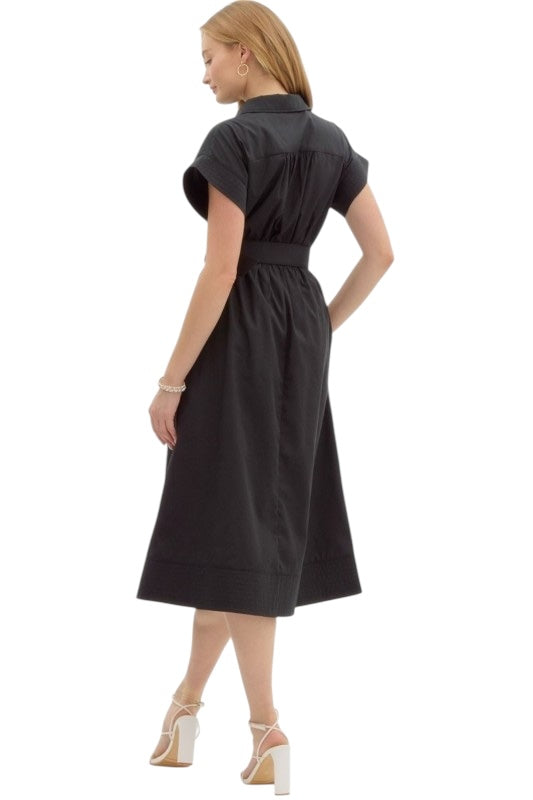 Stitched Collared Shirt Dress in Black