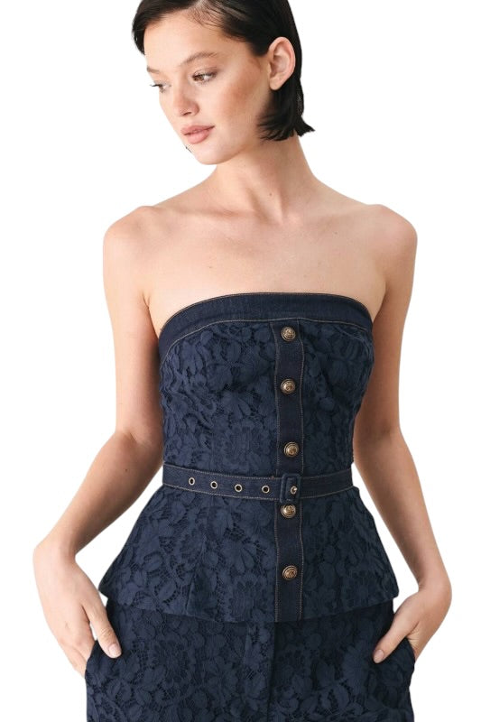 Denim & Navy Lace Strapless Top