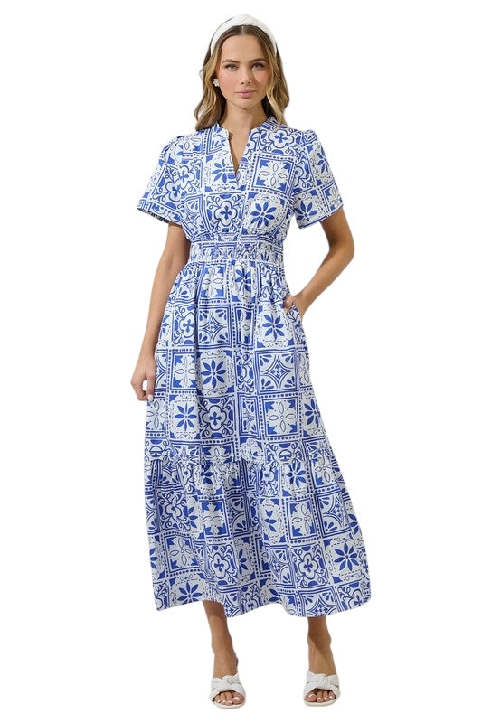 Blue Tiles Smocked Waist Maxi