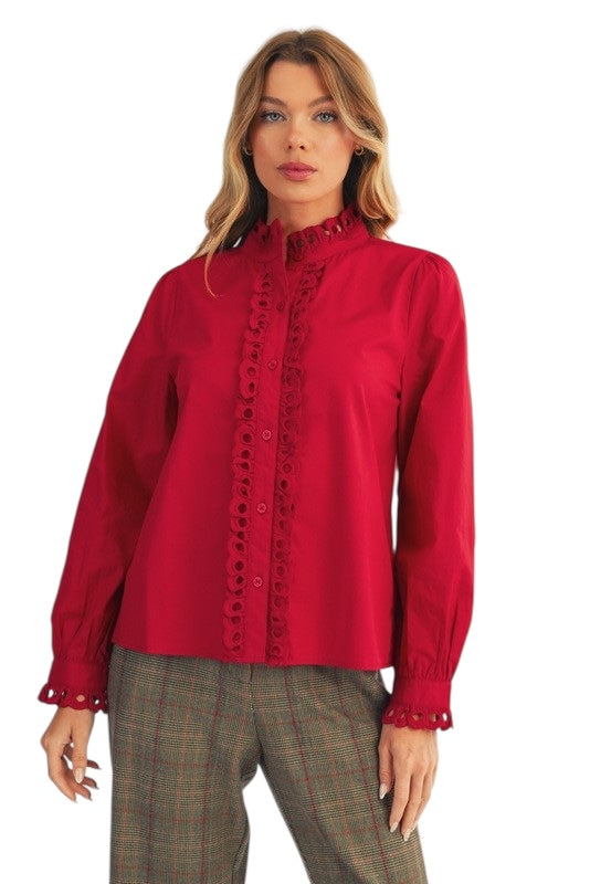 Eyelet Center Band Blouse in Wine