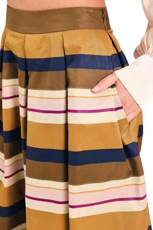 Camel & Navy Stripes Midi Skirt
