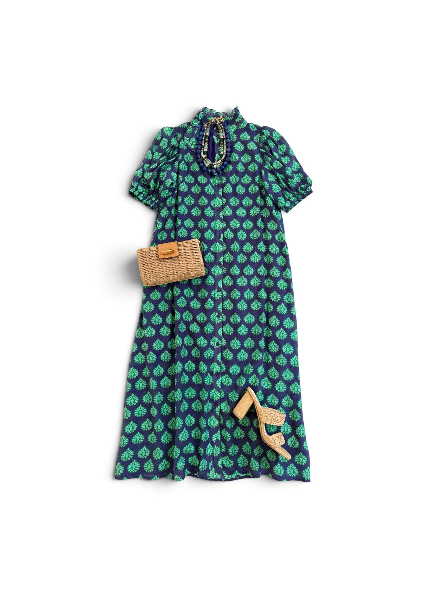 Ruffle Neckline Shirt Dress in Navy & Green