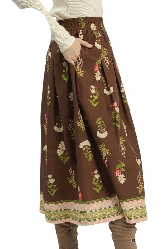 Chocolate Mixed Florals Midi Skirt