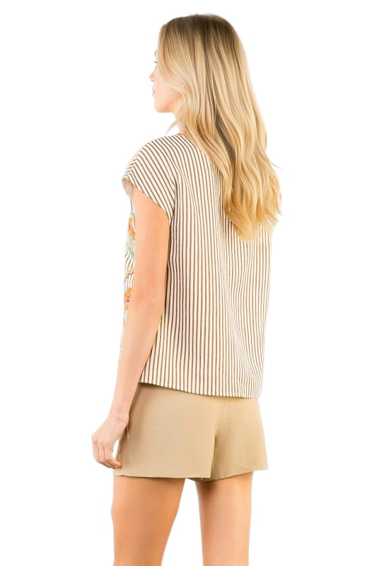 Brown Stripe Embroidery Top