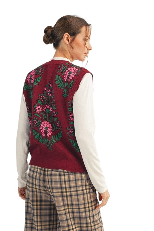 Floral Sweater Vest in Wine