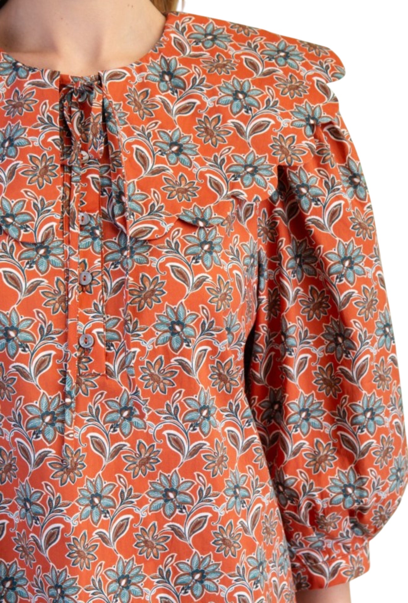 Terracotta & Blue PeterPan Collar Top