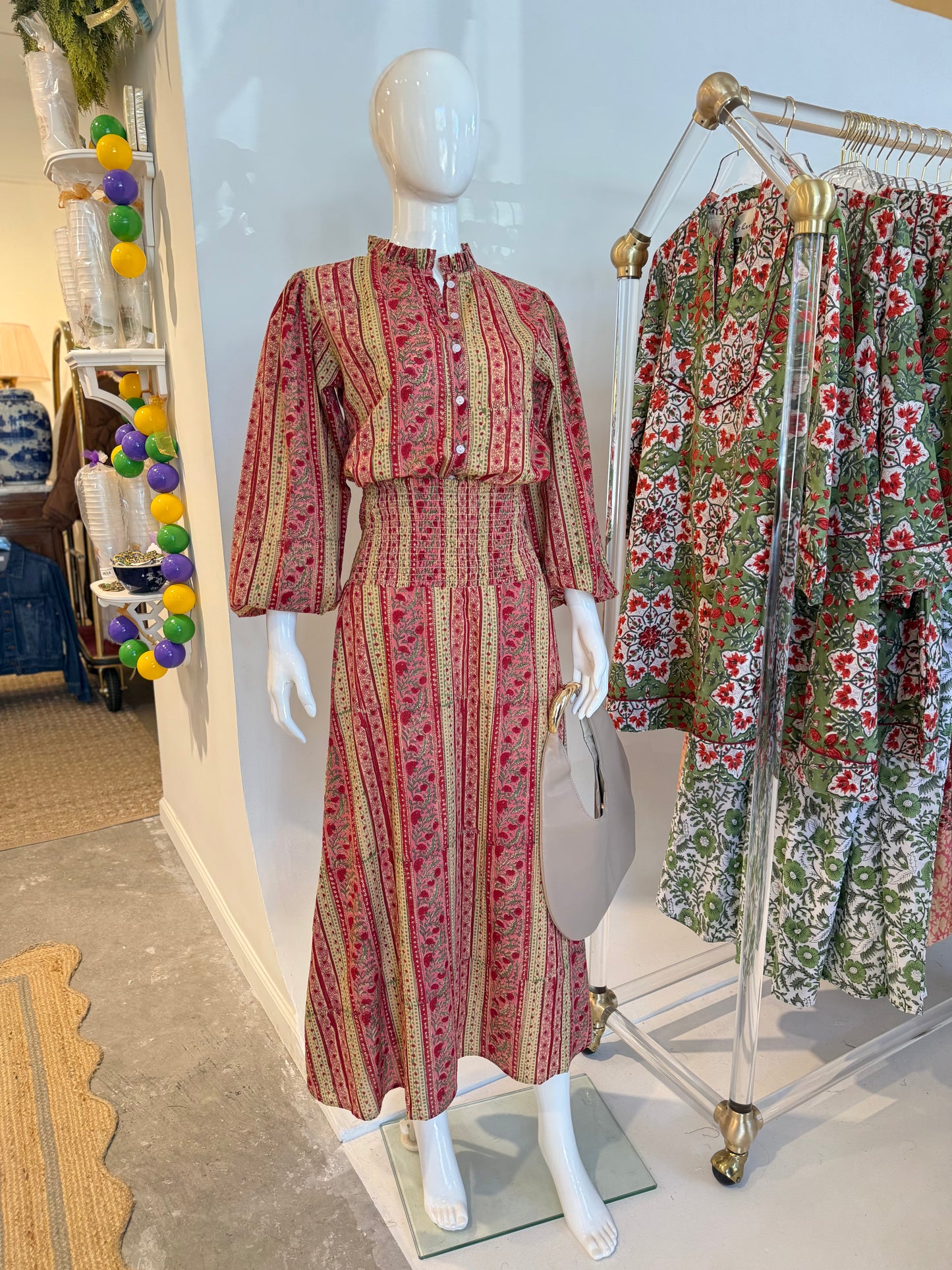 Ellen Smocked Midi Skirt in Red Floral Stripes