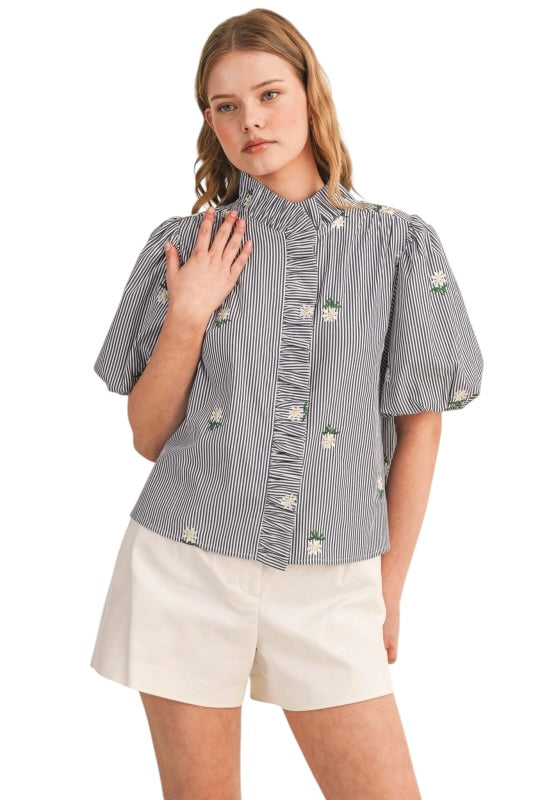 Ruffle Front Blouse w/ Embroidery Florals - 4 Colors