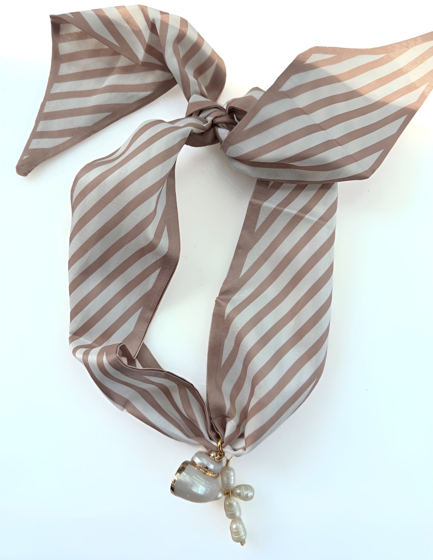 Tan Stripes Scarf Necklace W/ Pearl Cross & Shell