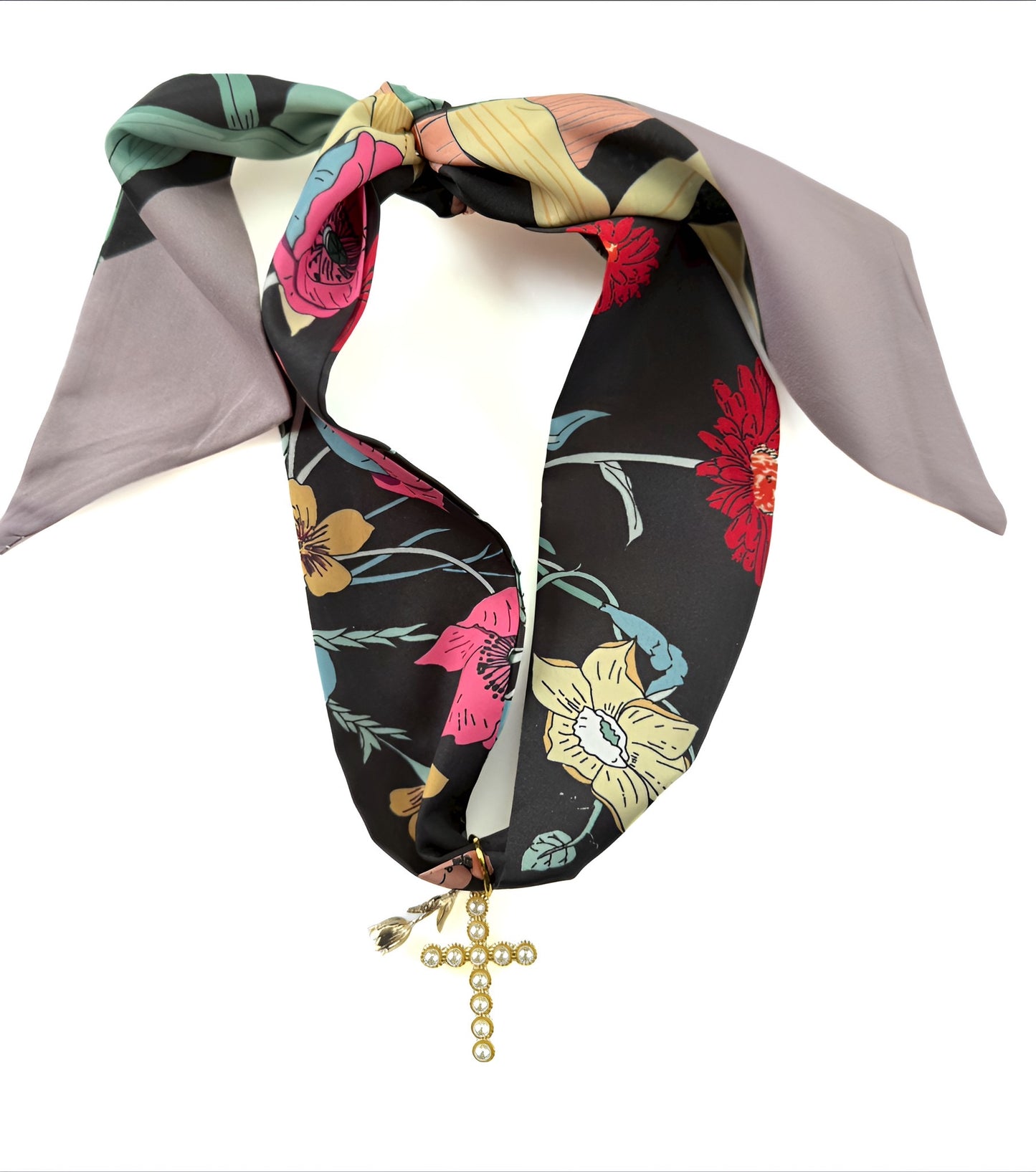 Floral Scarf Necklace w/ Pearl Cross & Single Gold Tulip