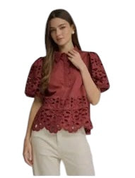 Laser Cut Detail Top in Burgundy