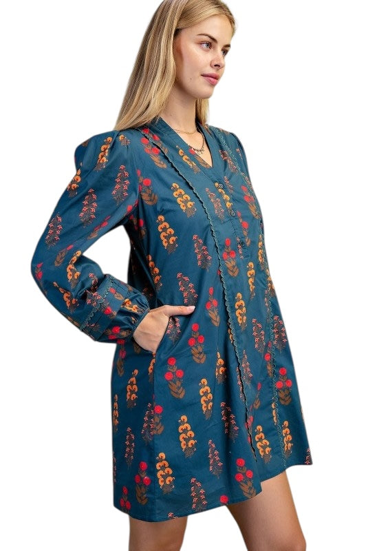 Teal Mixed Florals Poplin Mini