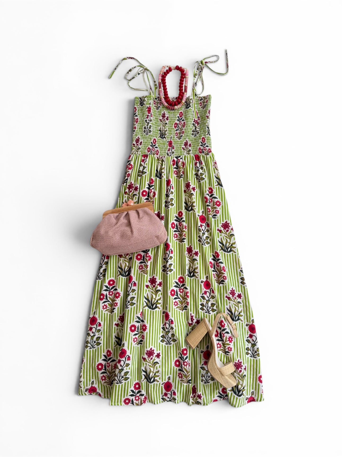 Ellen Tie Shoulder Midi in Lime Floral Stripe
