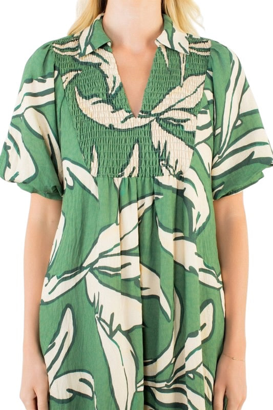 Olive Palms Smocked Midi