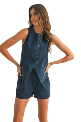 Denim Split Hem Vest & Short Set