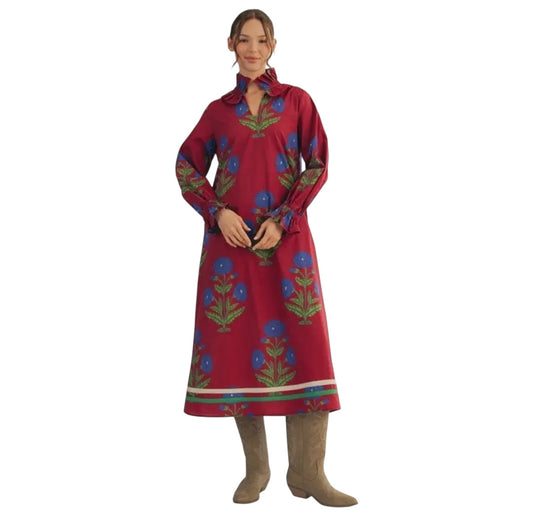 Burgundy Marigold Ruffle Collar Midi