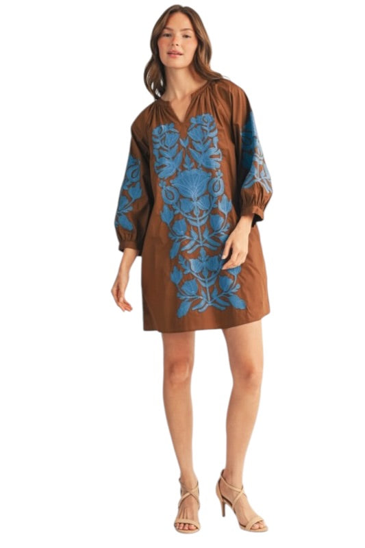 Chocolate & Blue Embroidered Shift