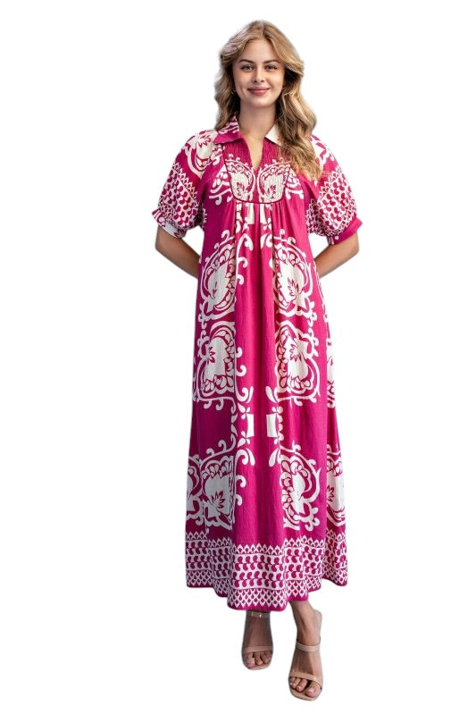 Smocked Collared Medallion Midi- 2 Colors