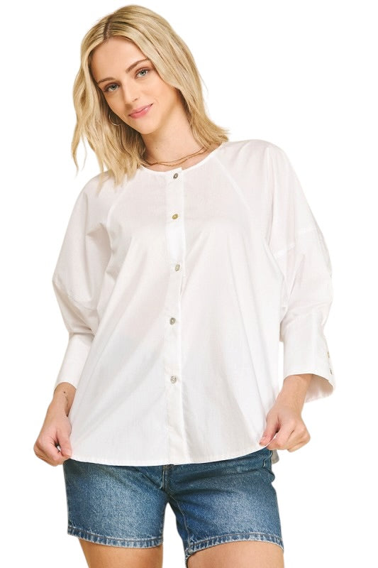 Button Front Poplin Blouse in White
