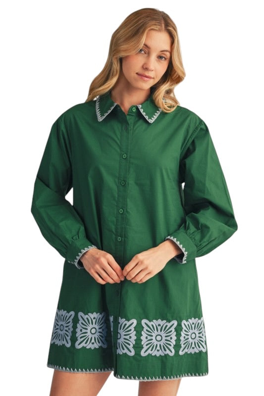 Poplin Embroidered Squares Shirt Dress in Green