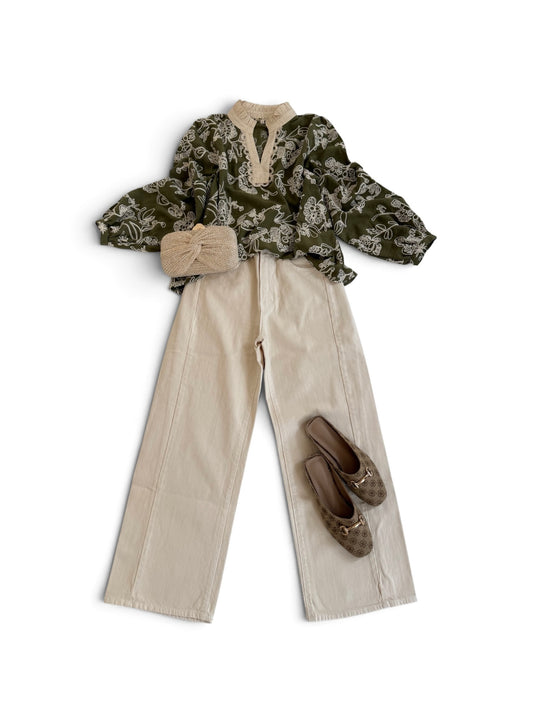 Olive Embroidered Florals Top