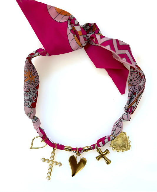 Pink Scarf Necklace w/ 5 Heart & Cross Charms & Turquoise Spacers