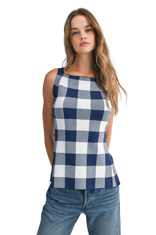 Gingham Knit Top in Navy