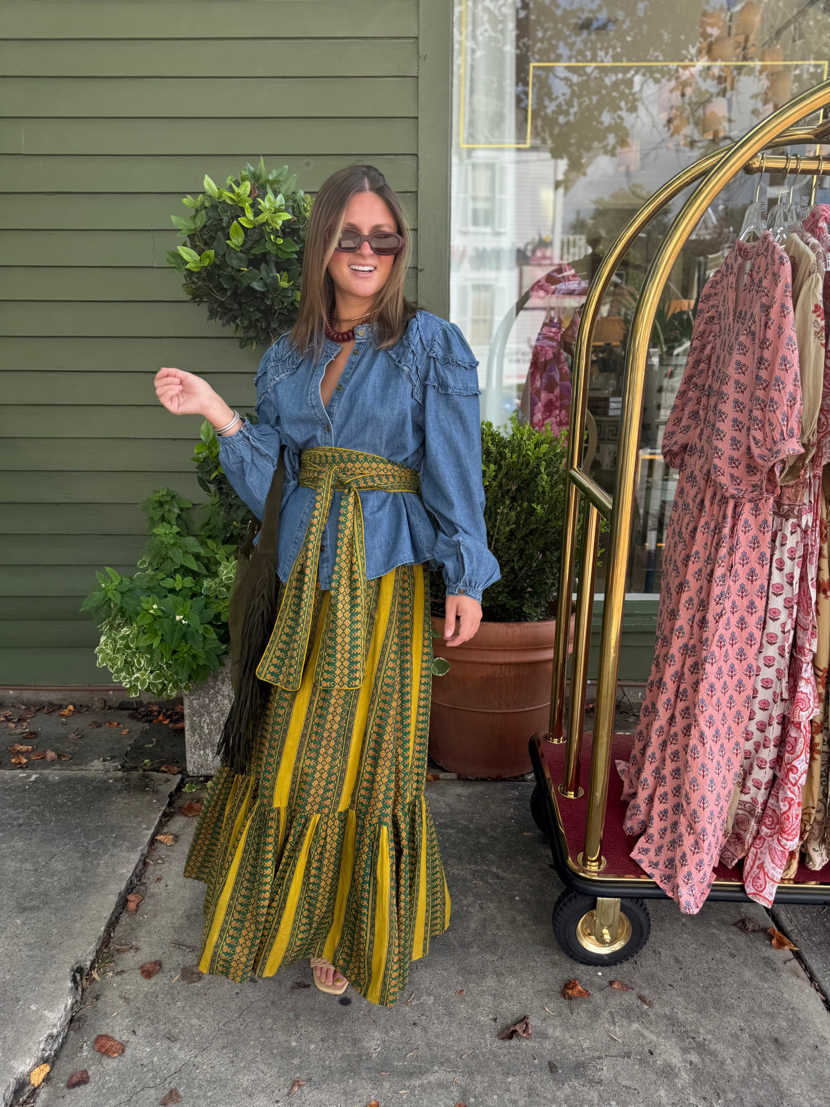 Uptown Maxi Skirt in Citron Stripe w/ Belt